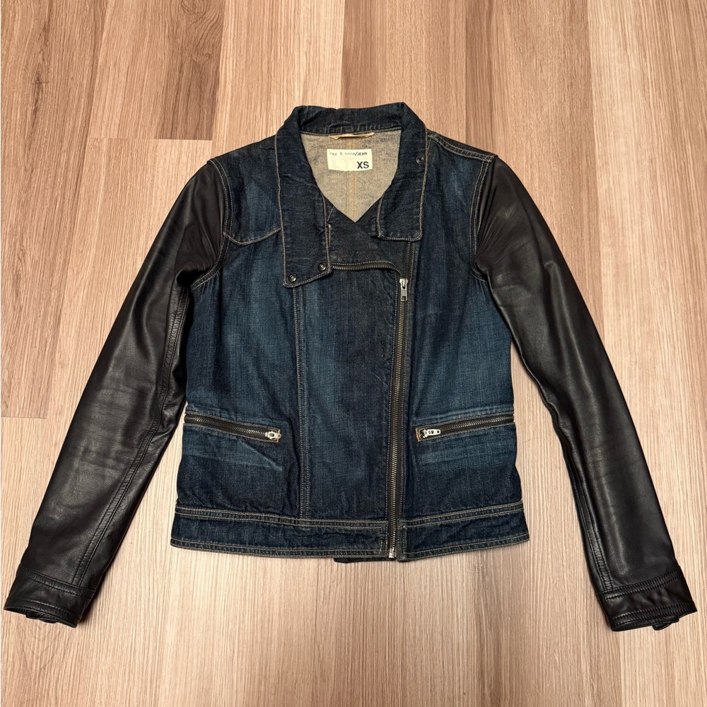 Rag & Bone Zip Front Leather Sleeve Moto Dark Denim Jean Jacket